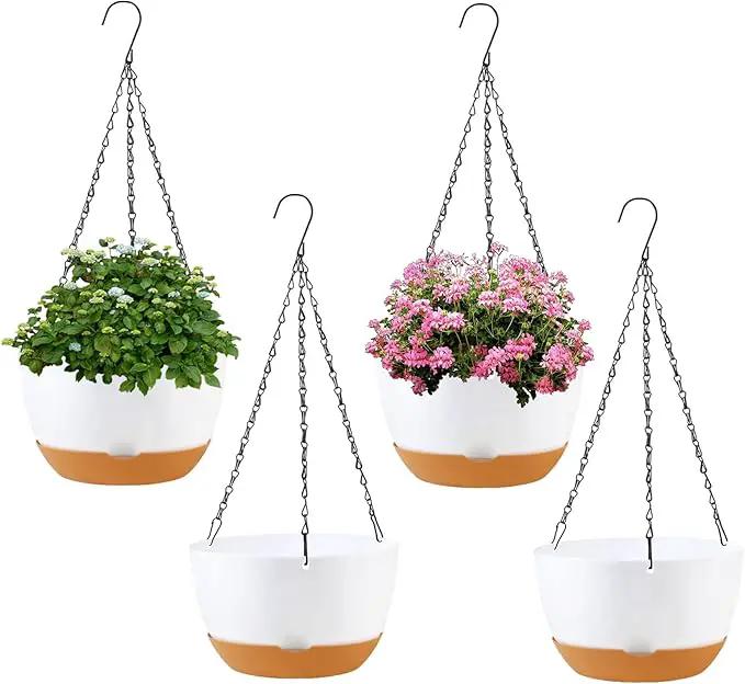 4 Pack Plastic Hanging planters for Indoor Plants,8 Inch Plant Pot Indoor Outdoor Hanging Baskets,Hanging Flower Pots with Drainage Holes and Chain for Garden Porch Plants(White) by GreenHaven Gardens