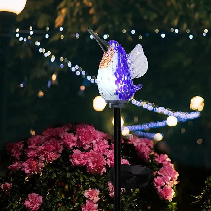 Afirst Decorative Solar Lights Outdoor Solar Hummingbird Stake Lights Hand Blown Glass Decorative Garden Pathway Light Outdoor Waterproof Glass Stakes Blue by GreenHaven Gardens