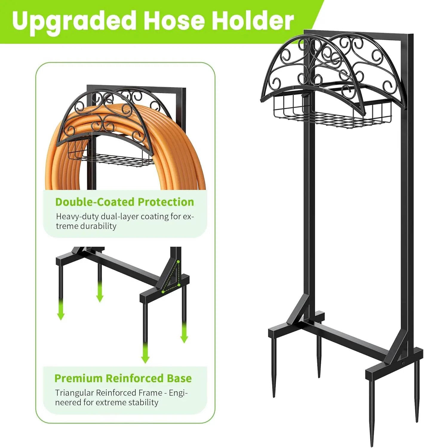 Garden Hose Holder – Freestanding Water Hose Holder with Storage Basket, Sturdy Metal Hose Stand and Hanger, Heavy-Duty Garden Hoses Storage Rack for Outside, Supports 151FT by GreenHaven Gardens