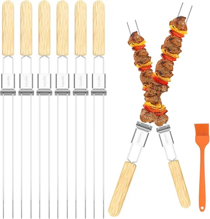 Skewers for Grilling, 17" (6 Pcs) Wooden Handle Double Pronged Stainless Steel Flat Kabob Skewers with Push Bar, Reusable Long Metal Skewer Sticks for Meat Chicken Vegetable, BBQ Accessories by GreenHaven Gardens