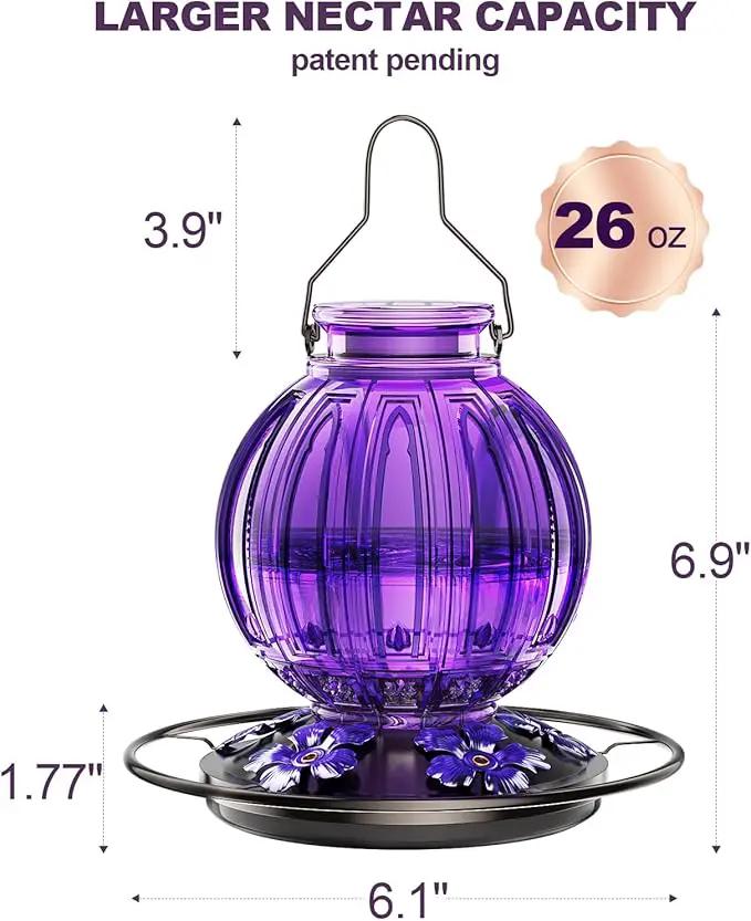 2 Pack Glass Hummingbird Feeder for Outdoors Hanging, Bird Nectar Feeder with Perch & 5 Flower Feeding Ports, 26 Oz Leak Proof for Outside Garden Decor Backyard, Gifts for Women Mom, Purple by GreenHaven Gardens