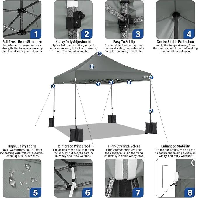 COBIZI 10x10 Pop Up Canopy Tent with 4 sidewalls Commercial Heavy Duty Canopy UPF 50+ All Weather Waterproof Outdoor Canopy Wedding Tents for Parties Gazebo with Roller Bag, Grey (Windproof Upgraded) by GreenHaven Gardens
