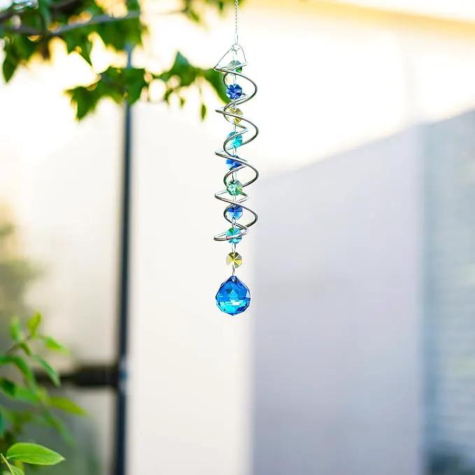 H&D HYALINE & DORA 17.7inch Gazing Ball Spiral Tail,Decorative Wind Spinner Sun Catcher,Rainbow Maker Double-Spiral W/Sea Blue Crystal Ball and Chain,Glass Crystals for Indoor Outdoor Decoration by GreenHaven Gardens