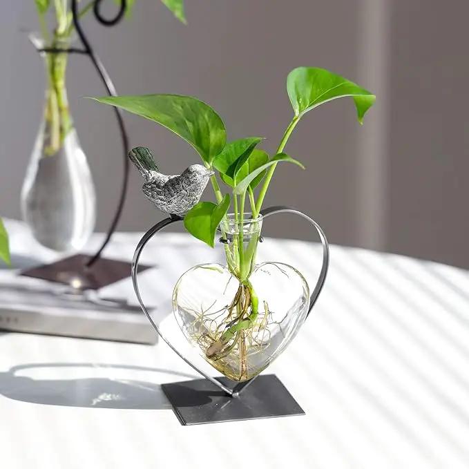 Marbrasse Desktop Glass Vase, Bulb Glass Vases for Holder, Creative Bird with Heart Planter Vase, Plant Terrarium Metal Stand for Modern Office Home Wedding Decorations by GreenHaven Gardens