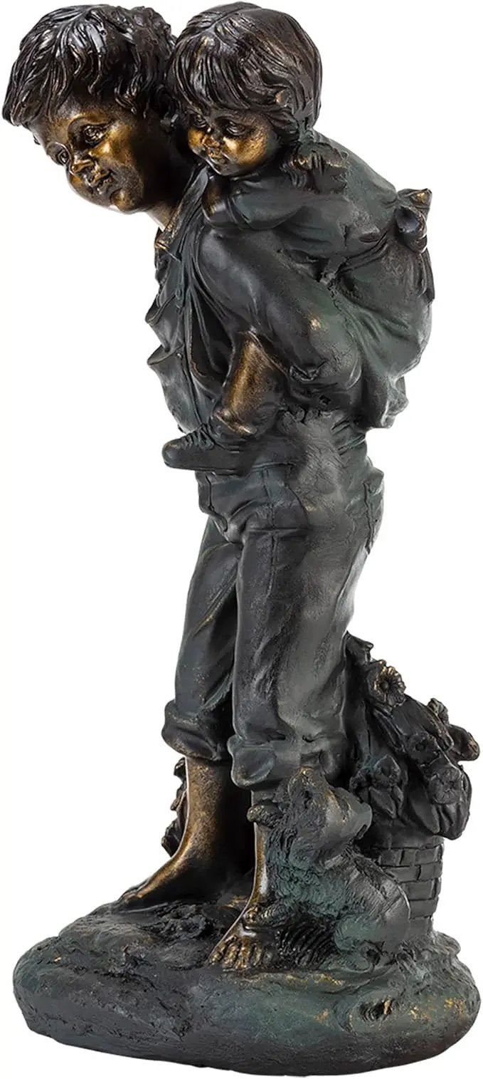 Alpine Corporation 16" Tall Indoor/Outdoor Patina Finish Piggyback Kids Yard Statue Decoration by GreenHaven Gardens