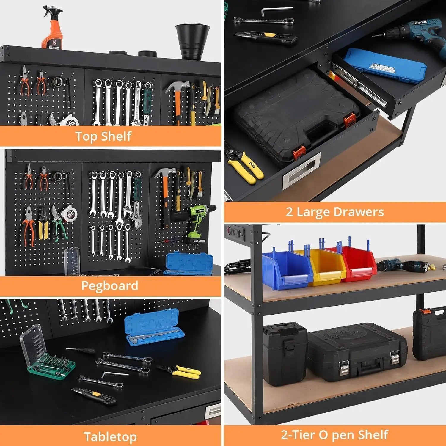 48'' 3-Tier Adjustable Workbench, Heavy Duty Workbench with Drawer and Backplate, 2000 LBS Capacity Work Table, Suitable for Office, Garage, Workshop by GreenHaven Gardens