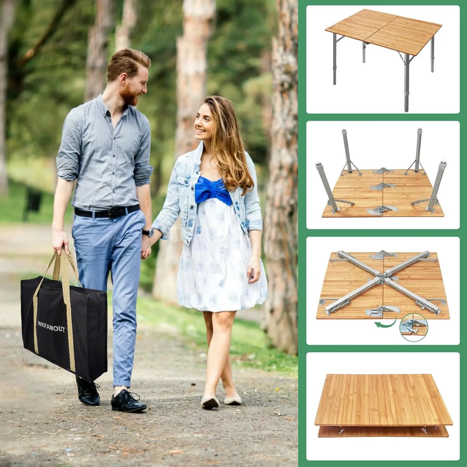 Bamboo Folding Camping Table 2-Folds with Adjustable Aluminum Legs Portable Picnic Table with Carry Bag for Outdoor Hiking Beach 2-4 Person by GreenHaven Gardens