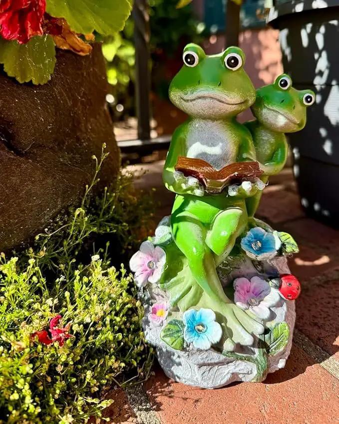 Frog Garden Statue,Frog Garden Decor,Solar Frog Statue Sitting on a Stone Reading a Book with 5 LEDs for Lawn Patio Yard Porch Decoration, Outdoor Garden Decor, yijiayi-008 by GreenHaven Gardens