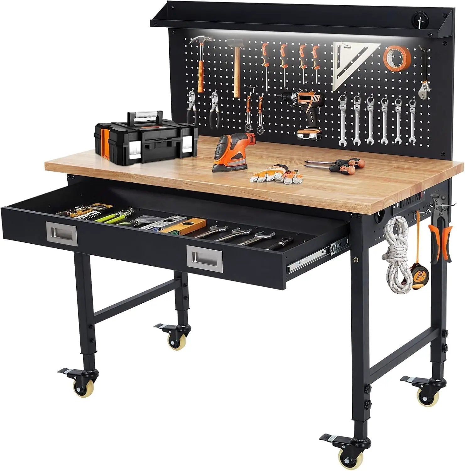 48'' Adjustable Workbench, Heavy Duty Workbench with Drawer and Backplate, 2000 LBS Capacity Work Table with Power Outlet and Lockable Wheels, Suitable for Office, Garage, Workshop by GreenHaven Gardens