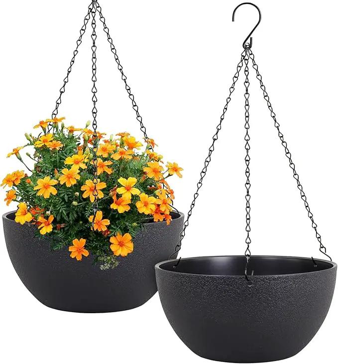 12 inch Large Hanging Planters for Indoor Outdoor Plants, 2 Pack Hanging Flower Pots with Drainage Holes and Chain for Garden Porch Plants, Plastic Hanging Baskets for House Plants, Black by GreenHaven Gardens