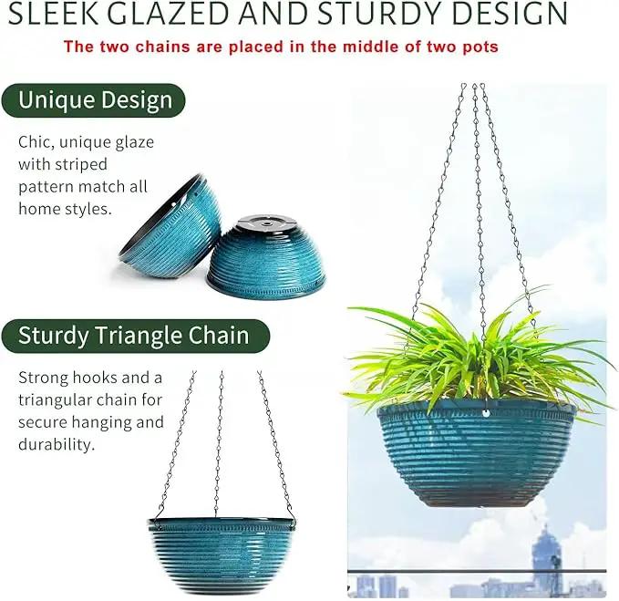 10in Hanging Planters for Indoor and Outdoor Plants, 2 Pack Hanging Planter with Drainage Hole, Round Hanging Flower Pots for Garden Home Decor (Blue) by GreenHaven Gardens