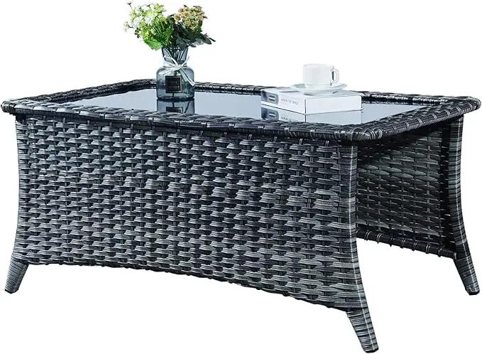 Patio Tables Wicker Coffee Table - Outdoor Rattan Coffee Tables with Glass Top for Patio Proch Deck Balcony Rectangle Mixed Grey by GreenHaven Gardens