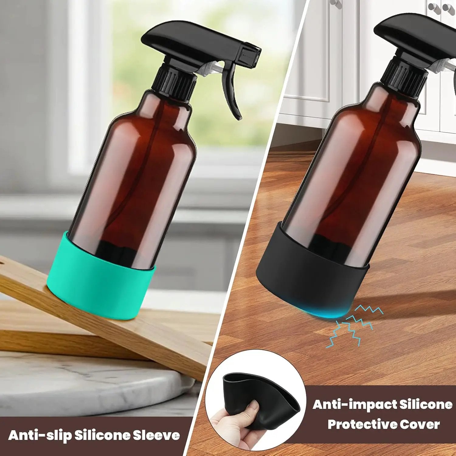 Glass Amber Spray Bottles with Silicone Sleeve, 2 Pack 16.9oz Refillable Containers with Adjustable Spray Nozzles, Empty Spray Bottle for Cleaning Solutions, Hair, Plants, Essential Oils (Black+Green) by GreenHaven Gardens