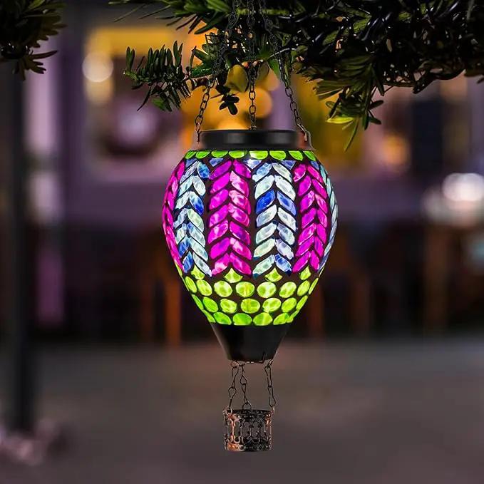 Mosaic Hot Air Balloon Solar Lanterns Outdoor Waterproof, Colorful Glass Solar Hanging Lantern Lights for Garden Patio Yard Gifts for Women Mom Grandma by GreenHaven Gardens