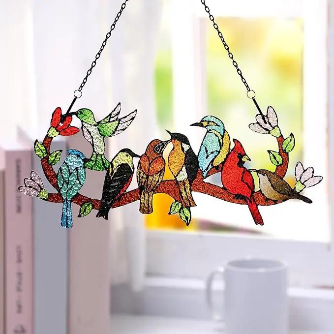 Huray Rayho Birds On Branch Stained Glass Suncatcher Cardinal Hummingbird Kingfisher Double Side Glass Panel Window Hanging Decor Bird Ornament Bird Lover Gift for Mom Grandma by GreenHaven Gardens