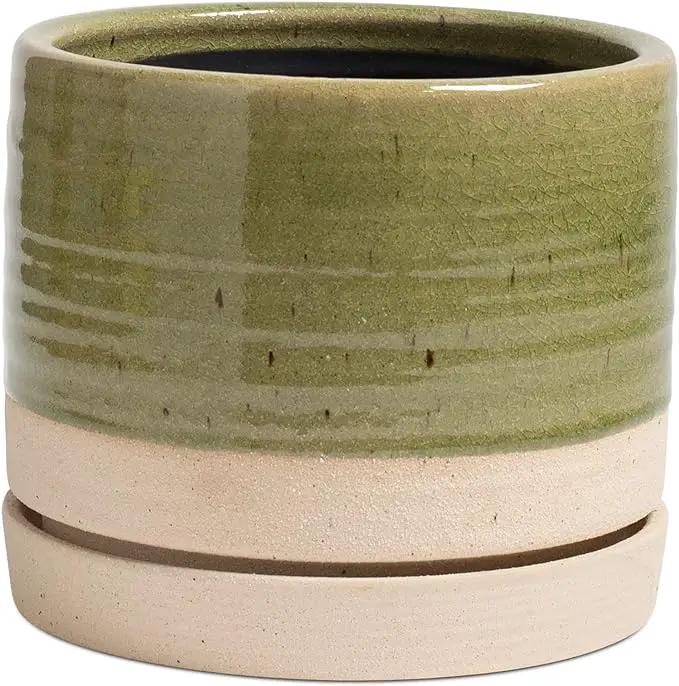 8 Inch Pots for Plants, Ceramic Planter Pot with Drainage Hole & Saucer, Indoor/Outdoor Cylinder Round Planter Pot, Green & Beige by GreenHaven Gardens