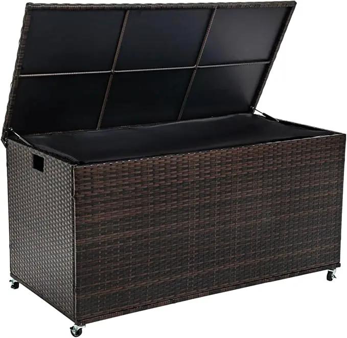Outdoor 170 Gallon Water-Resistant Wicker Storage Box with Wheels, PE Rattan Deck Box with Waterproof Liner for Outside, Patio Storage Container with Hinged Lid, Horizontal Bin, Brown by GreenHaven Gardens