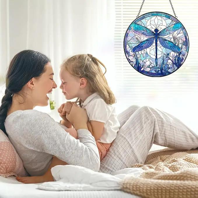 Dragonfly Decor Suncatcher Stained Glass Window Hanging - Handmade Artistic Suncatchers for Windows Hanging - Wall Home Decor Suncatcher with Metal Chain and Hook Gift for Women Mom Home Porch Garden by GreenHaven Gardens
