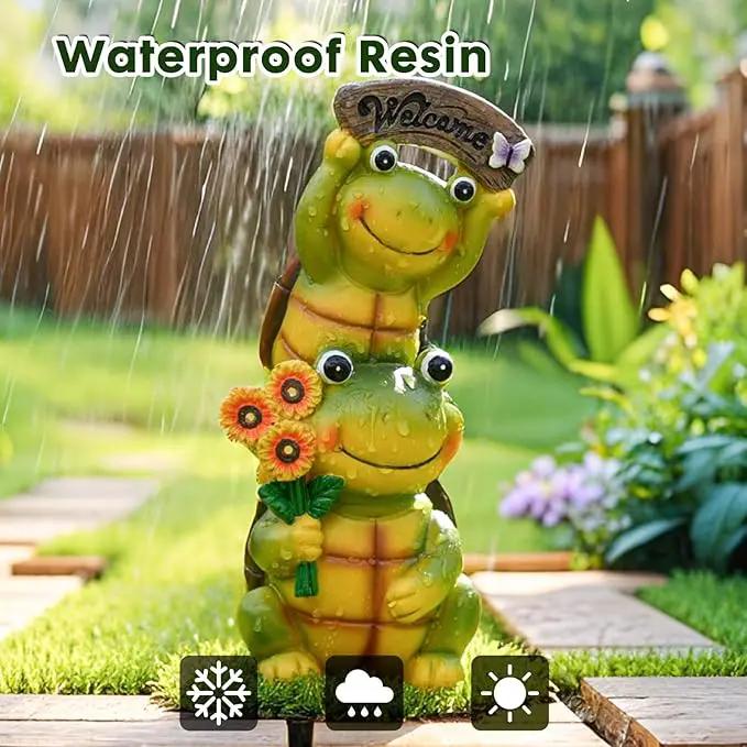 Garden Turtle Outdoor Statues, Solar Garden Statue Two Sweet Frog Face Turtles Decor with 3 LED Lights, Unique Art Resin Gifts for Patio Lawn Porch Yard by GreenHaven Gardens