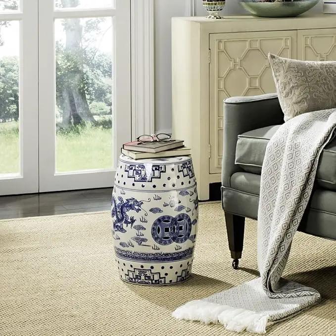 Safavieh Castle Gardens Collection Glazed Ceramic Blue Dragon's Breath Chinoiserie Garden Stool by GreenHaven Gardens