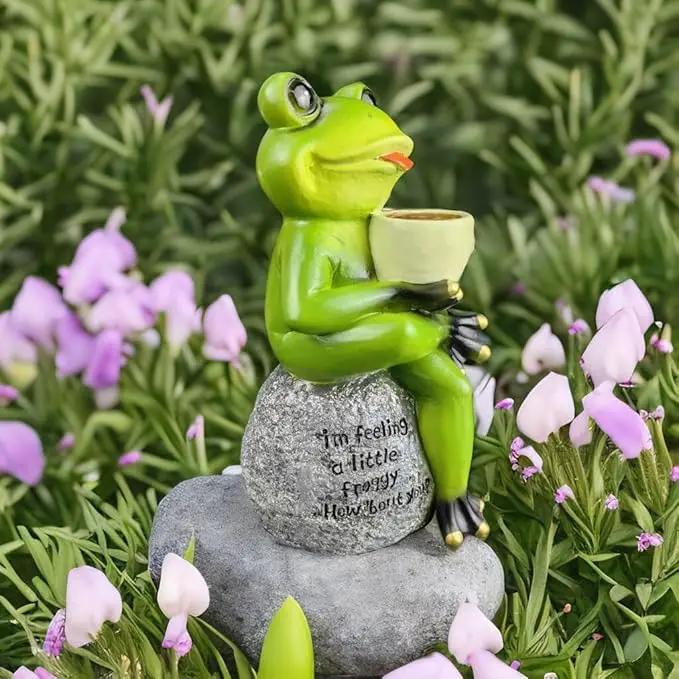 Spring & Summer-Themed Garden Statues – Adorable Outdoor Decor for Lawn, Patio & Porch (Coffee Drinking Frog Garden Statue with Funny Quote) by GreenHaven Gardens