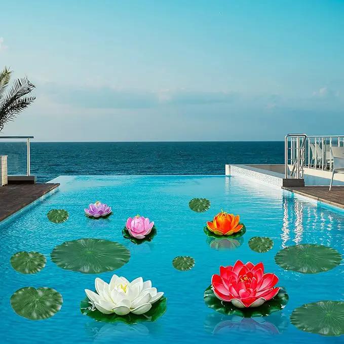 Artificial Lily Pads for Pond, 11in & 6in Artificial Flowers Floating Foam Lotus Flower with Fake Lily Pads, for Pool Garden Koi Fish Pond Aquarium Pool Wedding Decor, 14PCS by GreenHaven Gardens