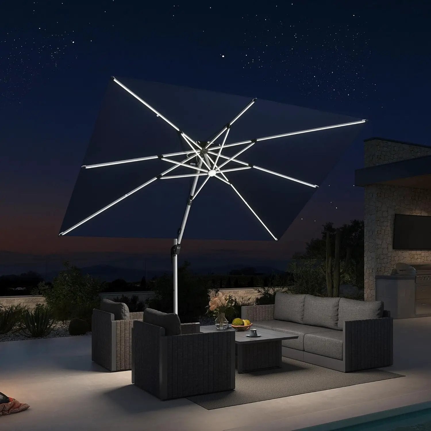 PURPLE LEAF 10' X 10' Solar Powered LED Patio Large Umbrella Offset Double Top Hanging Umbrella Outdoor Market Umbrella for Garden, Spectrum Indigo by GreenHaven Gardens