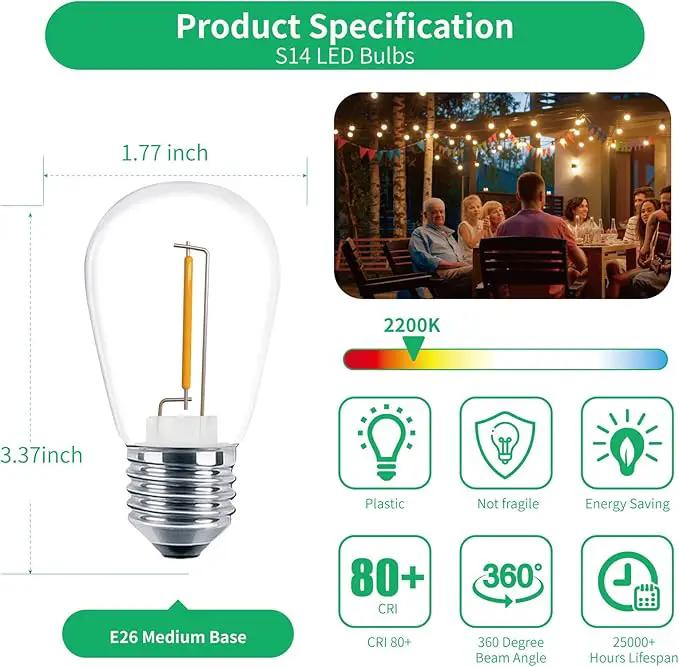 Meconard 48 Pack S14 LED String Light Bulbs, 1 Watt Shatterproof Replacement Bulbs for Patio Outdoor Sting Lights, E26 Medium Screw Base, Warm White 2200K, Non-Dimmable by GreenHaven Gardens