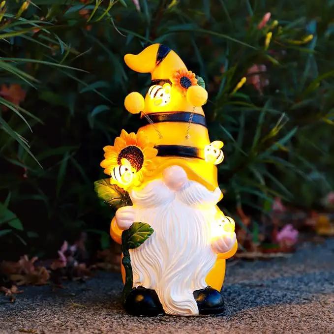 Garden Figurines Gnome Statue Decorations - Solar Resin Spring Bee Gnome Figurine Solar Garden Lights Outdoor Decorations Waterproof for Patio,Yard,Lawn, by GreenHaven Gardens