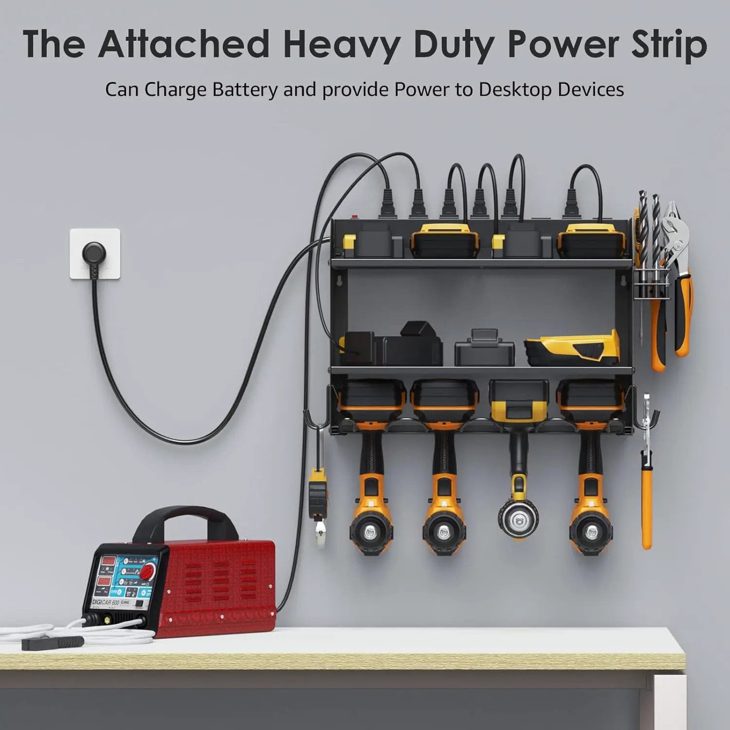 CCCEI Modular Power Tool Organizer Wall Mount with Charging Station. Garage 4 Drill Storage Shelf with Hooks, Screwdriver, Drill Bit Heavy Duty Rack, Tool Battery Holder Built in 8 Outlet Power Strip. by GreenHaven Gardens