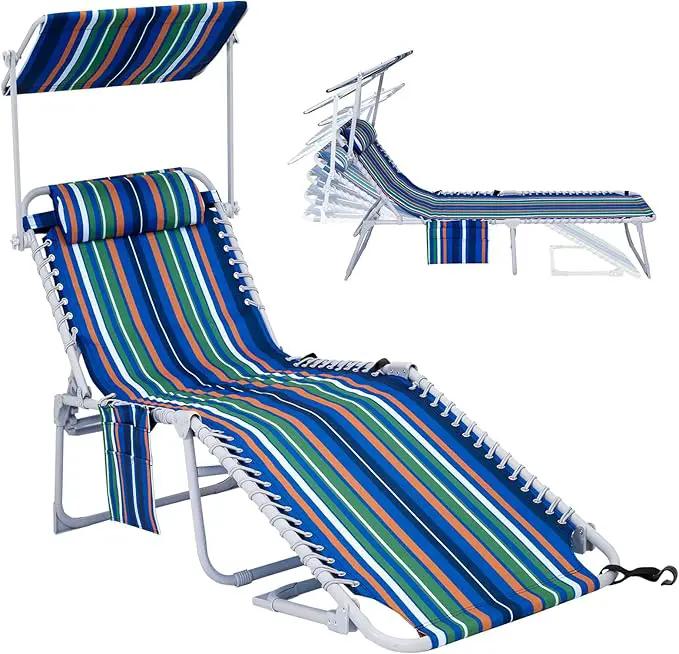 #WEJOY Folding Lounge Chair with Canopy Shade, Portable Adjustable 5-Position Patio Chaise Lounger with Pillow & Storage Pocket for Lay Flat Outdoor Lawn Backyard Beach Camping Pool Tanning by GreenHaven Gardens