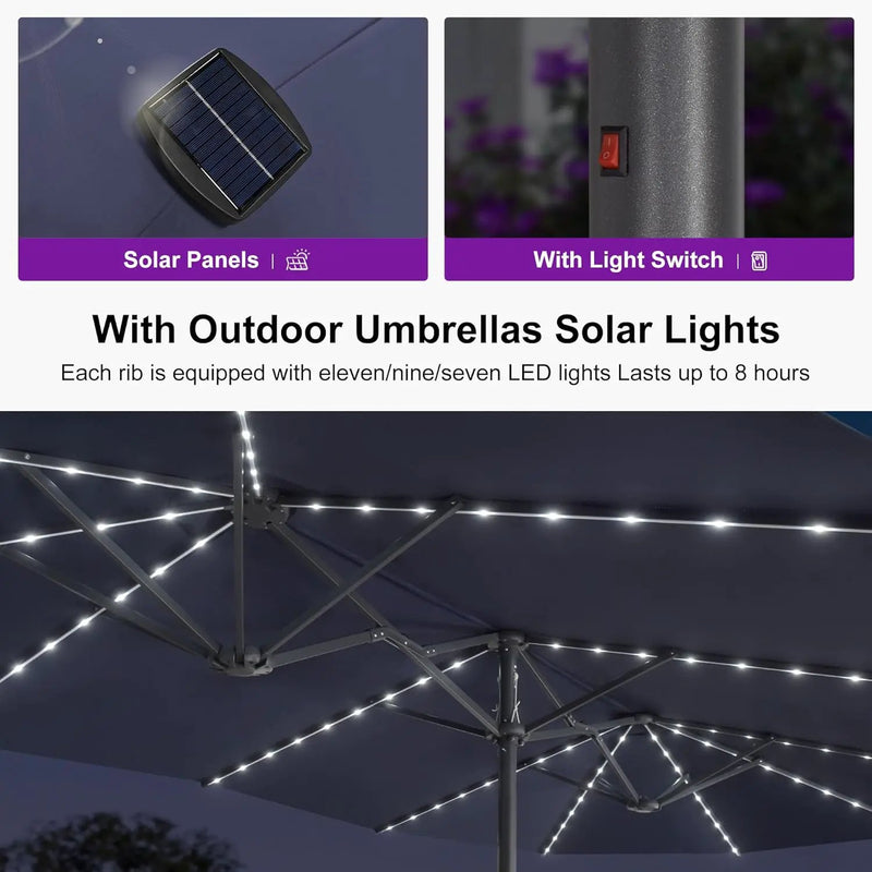 PURPLE LEAF 13ft Double-Side Patio Umbrella with Solar Lights Outdoor Market Umbrella with Base and Crank Handle Table Umbrella for Backyard Pool Garden Deck, Navy blue by GreenHaven Gardens