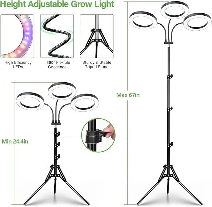 LORDEM Grow Light for Indoor Plants, Tri-Head Plant Light for Plants Growing, Full Spectrum Growth Lamp with Auto Timer for 4/8/12H, 4 Dimmable Levels, 216 LEDs, Height Adjustable Stand 24.4"- 67" by GreenHaven Gardens