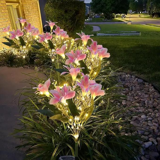GUOCHENG Lily Flower Solar Lights Outdoor Garden, 2 Pack LED Solar Flower Lights with Lifelike Lily, Waterproof Solar Stake Lily Lights for Courtyard Pathway Flowerbed Lawn Décor(Pink) by GreenHaven Gardens
