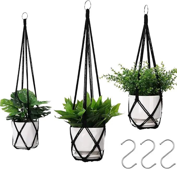 YIBOT 3 Pack Macrame Plant Hanger Indoor Hanging Planters for Indoor Outdoor Hanging Plant Holder with 3 x S Hooks for Garden Home Boho Decor 35"/29"/23" Black by GreenHaven Gardens