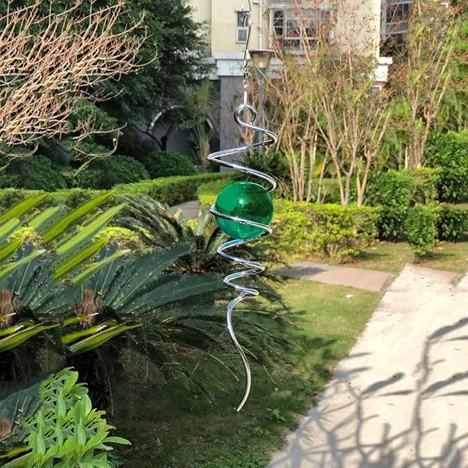 FONMY Gazing Ball Spiral Tail Wind Spinner Stabilizer with Swivel Hook 11inch Stainless Steel Tail and 2 inch Green Glass Orb. Indoor Outdoor Garden Decoration Hanging Ornaments 13 inch Height by GreenHaven Gardens