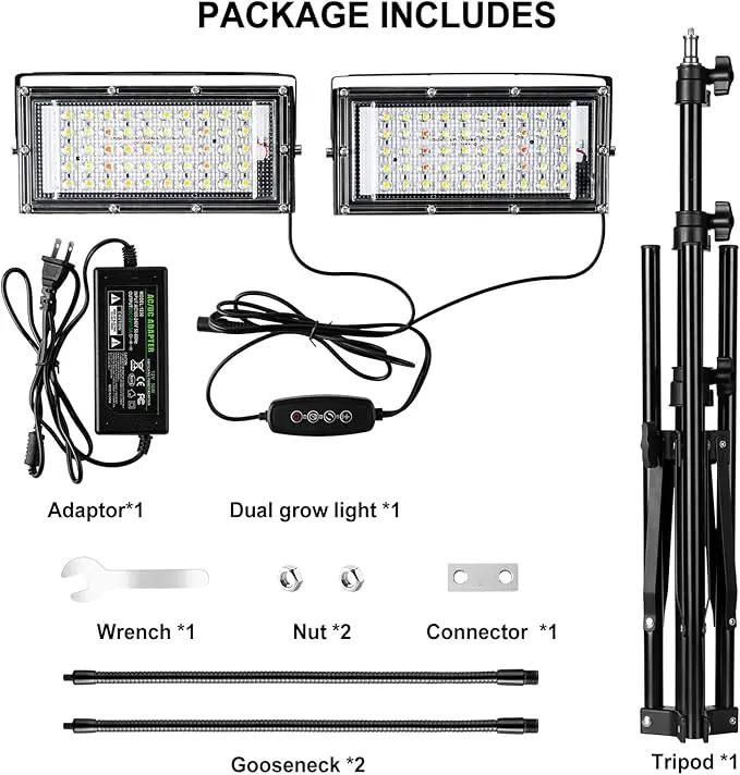 LBW Grow Light for Indoor Plants, Dual Heads Full Spectrum 200W LED, Auto On/Off Timer, 6 Dimmable Levels, 3 Switch Modes, Adjustable Tripod Stand 15-63 inches by GreenHaven Gardens