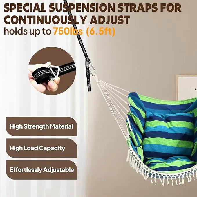 Chihee Hammock Chair Hanging Swing 2 Pillows Included,Strong Webbing Straps and Hooks for Easy Hanging Soft Cotton Hanging Chair Side Pocket Tassel Chair Comfort Indoor Outdoor Blue Green by GreenHaven Gardens