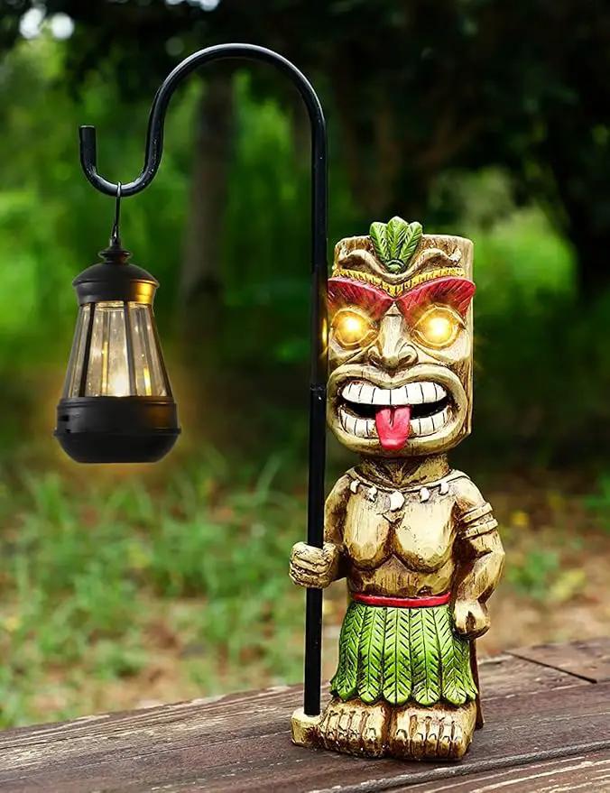 16.7" H Tiki Decor Garden Statue,Large Lantern Tiki Figurine with Solar Lights,Hawaiian Tiki Man Outdoor Patio Yard Lawn Bar Party Beach Pool Pond Halloween Christmas Decoration Ornament Gifts by GreenHaven Gardens
