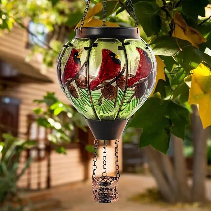 Cardinal Solar Hot Air Balloon Lantern with Flame, Glass Hot Air Balloon Solar Lantern Outdoor Waterproof, Hanging Hot Air Balloon Solar Light, Cardinal Gifts for Mom Woman Christmas by GreenHaven Gardens