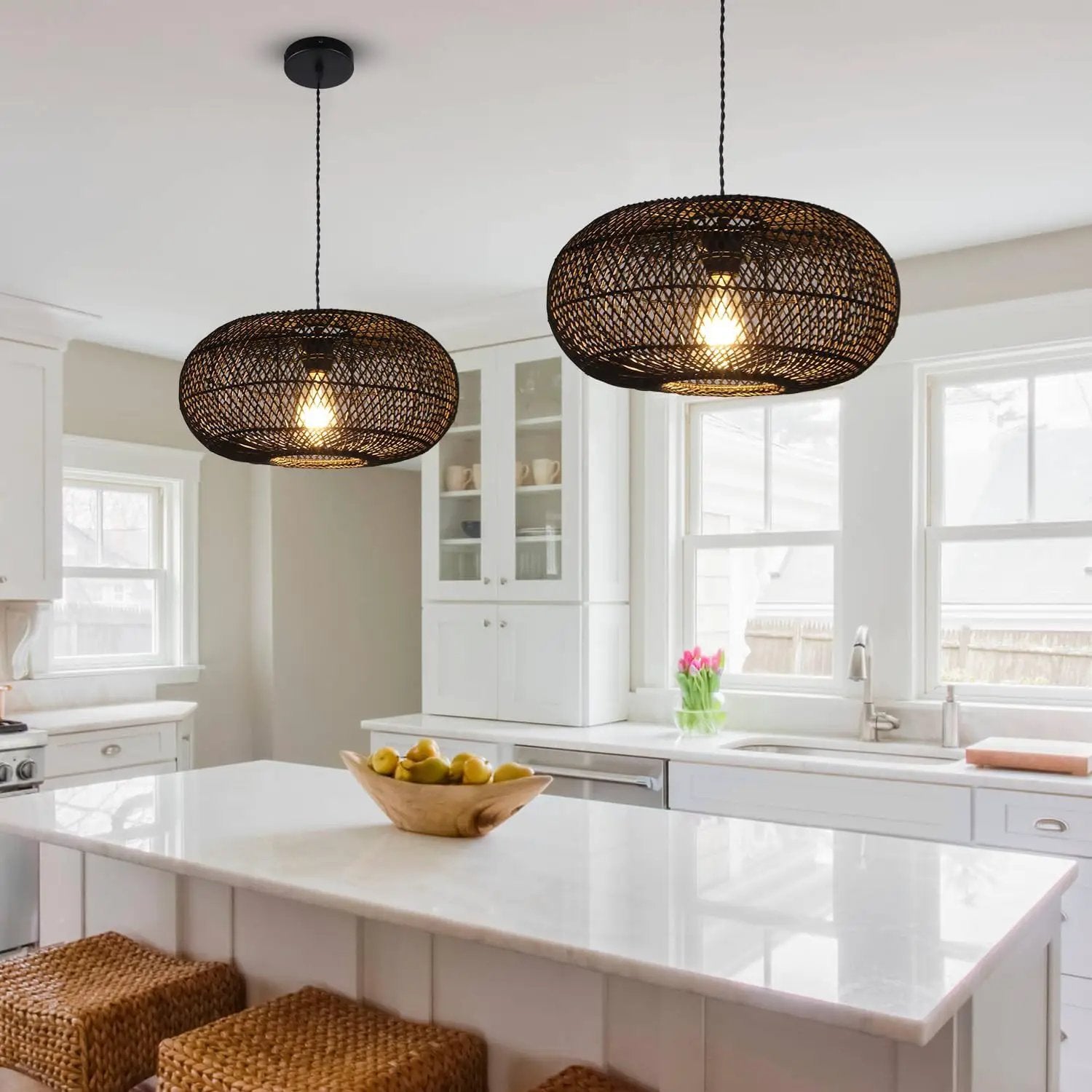 Rattan Pendant Light 15.75" 1-Light Hand-Woven Bamboo Rattan Hanging Lamp Large Globe Wicker Chandelier Modern Bohemian Adjustable Pendant Lamp for Kitchen Island Farmhouse Outdoor Porch Black.… by GreenHaven Gardens
