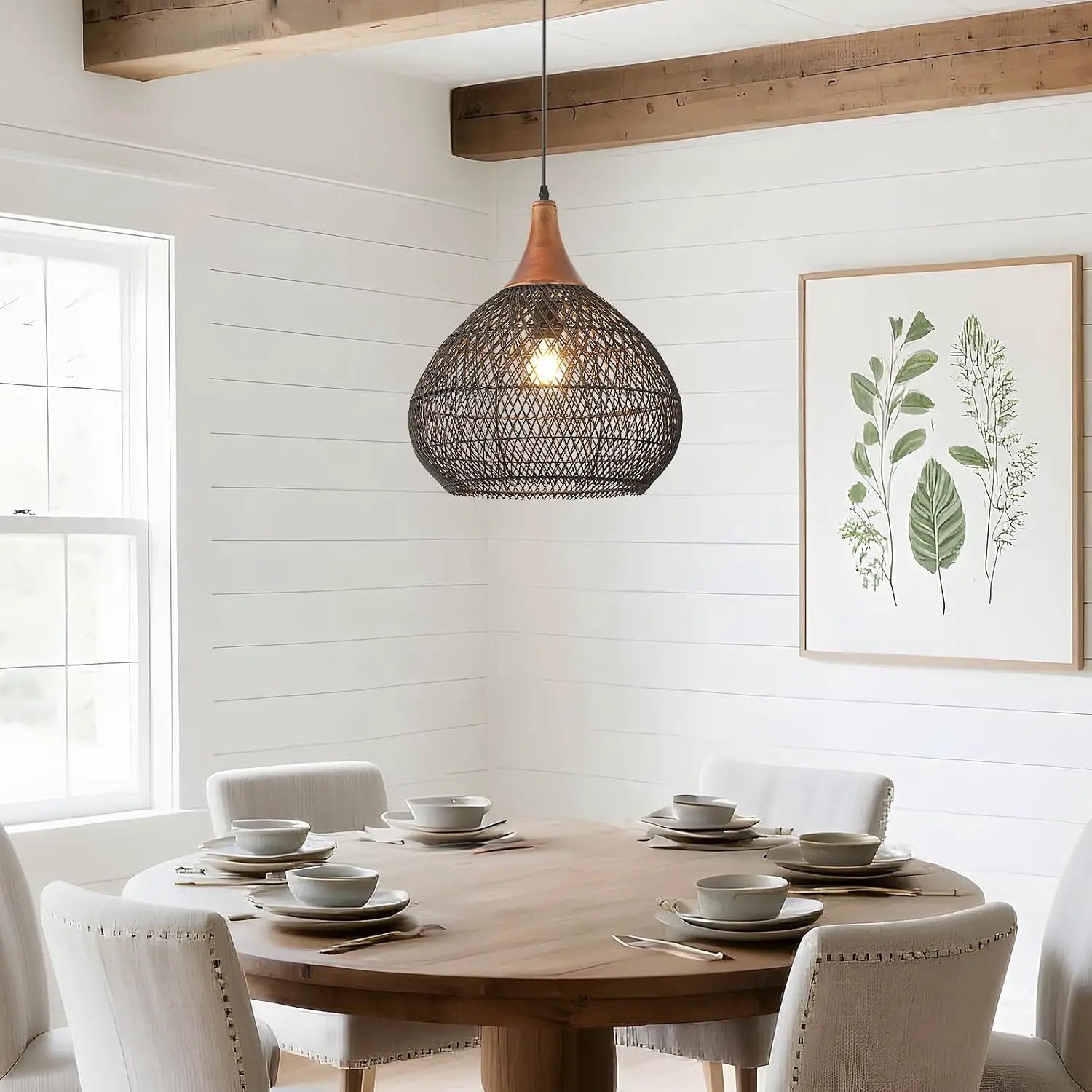 Black Rattan Pendant Light, 15.7" Rattan Chandelier Hand-Woven Wicker Pendant Light Fixtures with Solid Wood, Basket Hanging Lighting for Dining Room Kitchen Island Living Room by GreenHaven Gardens
