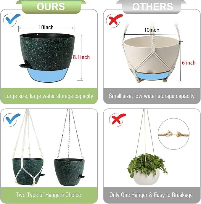 10 inch Self Watering Hanging Planters, 2 Pack Hanging Flower Pots for Indoor Outdoor Plants, Hanging Baskets with Drainage Holes & 2 Kinds of Plant Hangers for Home Decor, Speckled Black by GreenHaven Gardens