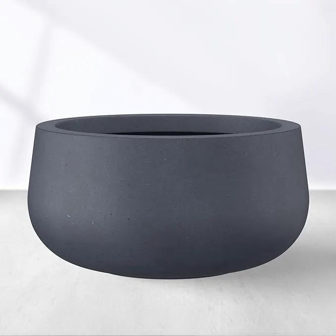 Kante 19.6" Dia Round Concrete Planter, Cement Plant Pots with Drainage Hole and Rubber Plug for Outdoor Indoor Garden Home, Modern Curvaceous Design, Dark Gray by GreenHaven Gardens
