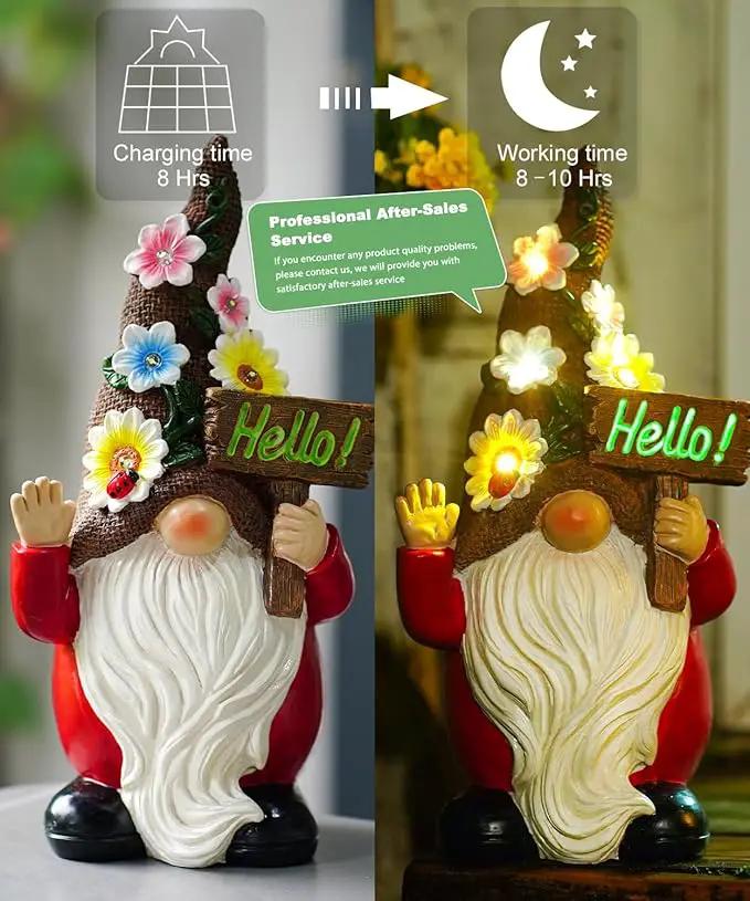 Solar Gnome Garden Statue for Decor: Outdoor Figurines Sculpture with Lights and Hello Sign for Lawn Patio Yard Balcony - for Mother Women by GreenHaven Gardens