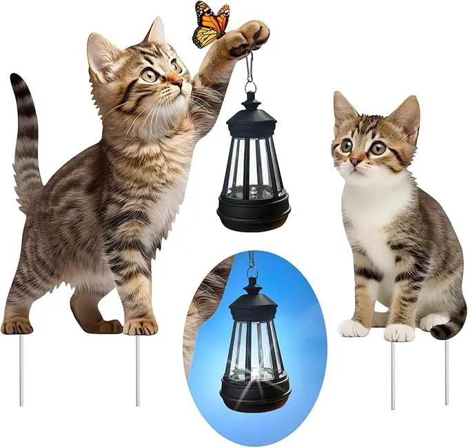 Set of 2 Realistic Cats Metal Stakes Solar Lantern Decoration, Cute Cats Stakes with Solar Lantern for Yard, Outdoor Garden Lawn Pathway Patio Ornaments, HDS-1021 by GreenHaven Gardens