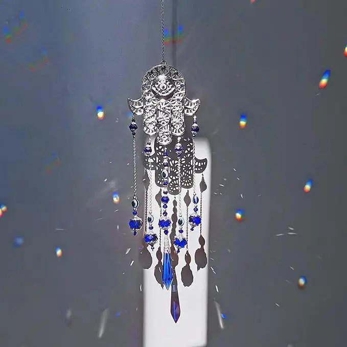 Crystal Prism Suncatcher Ornament with Hamsa Fatima Hand Protection Charm Turkish Greek Blue Evil Eye Sapphire Crystals Beads for Window Hanging Decoration by GreenHaven Gardens