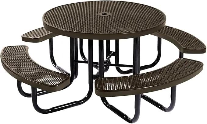 Coated Outdoor Furniture Heavy-Duty Portable Outdoor Picnic Table with Umbrella Hole, Punched Steel Commercial-Grade Patio Dining Furniture Made in America (46" Round Top, Textured Brown) by GreenHaven Gardens