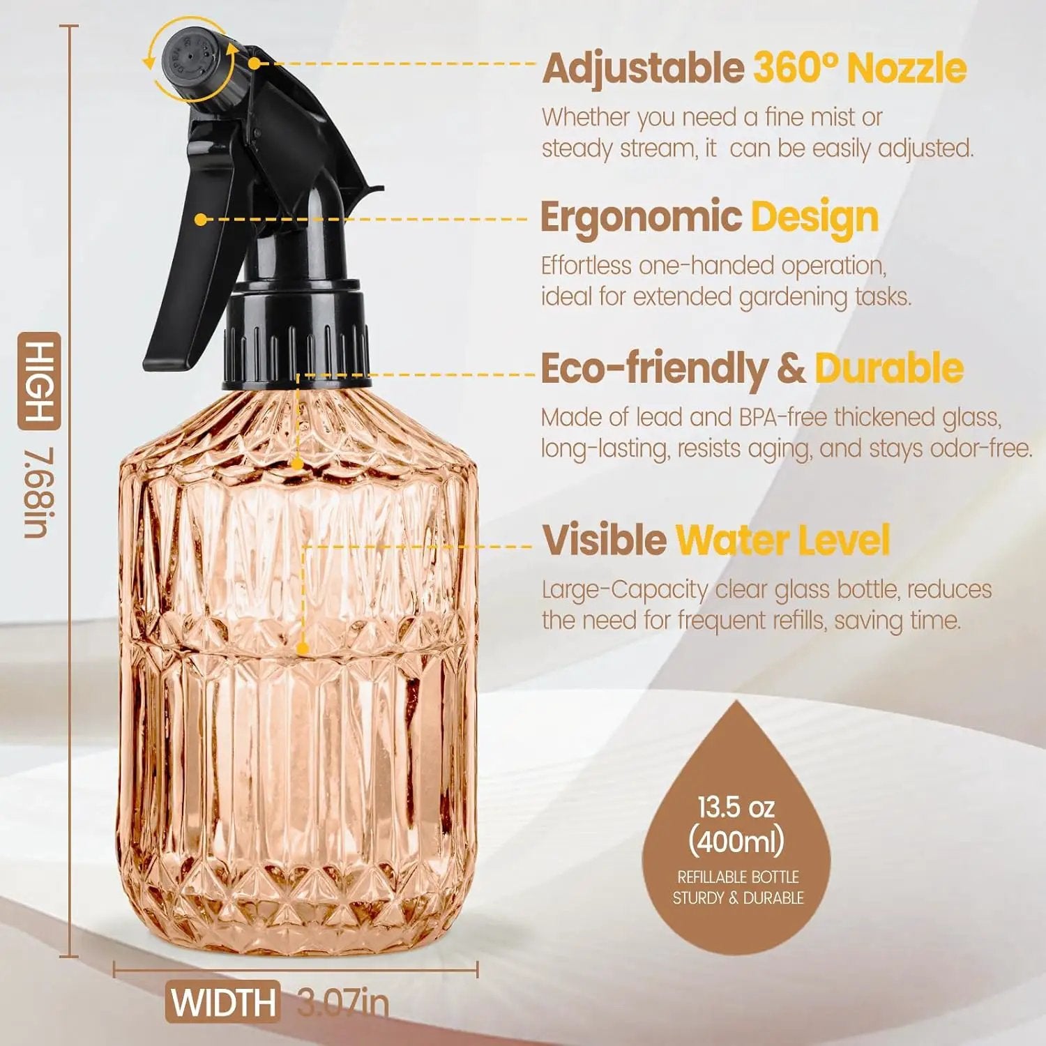 Glass Plant Spray Bottle, 13.5 oz Small Plant Mister, Leak Proof Fine Mist Watering can with Adjustable Nozzle for Indoor Plants Lover, Gardening, Hair, Cleaning Solutions (Orange) by GreenHaven Gardens