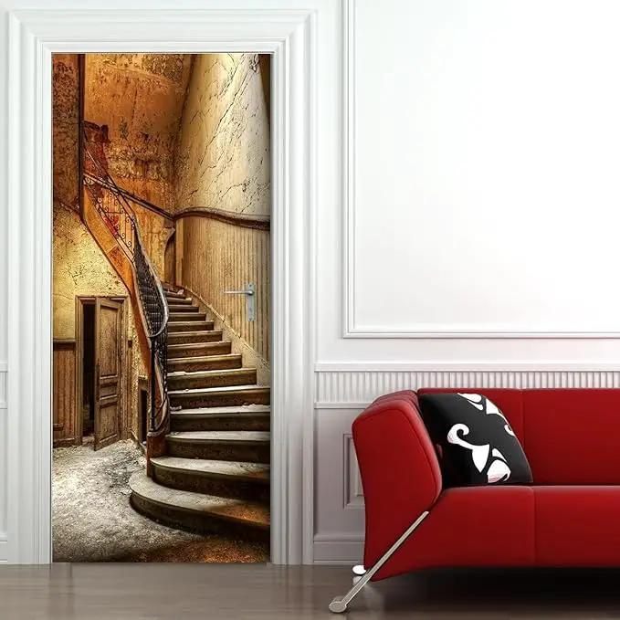 3D Door Wallpaper Self-Adhesive Door Sticker - Old Stairs - Door Film Poster Premium PVC Waterproof Wall Sticker for Bedroom Living Room Door Decoration Wallpaper 90 x 200 cm by GreenHaven Gardens